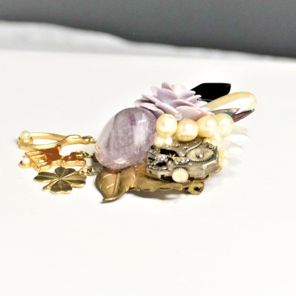 Vintage Artisan Amethyst Porcelain Flower Brooch - Picture 3 of 6